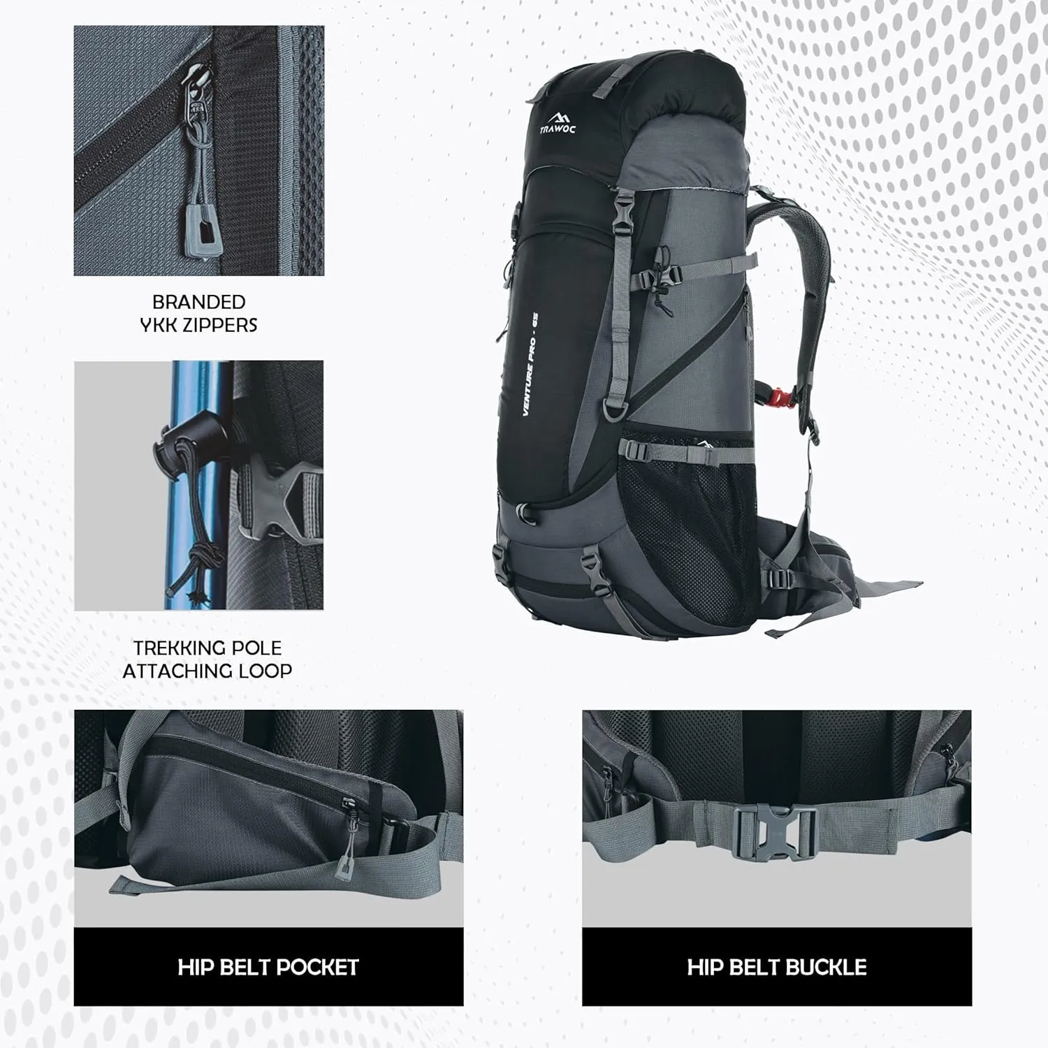 65L Travel Backpack for Outdoor Sport Camp Hiking Trekking Bag Camping Rucksack HK011 1 Year Warranty (Grey) 
