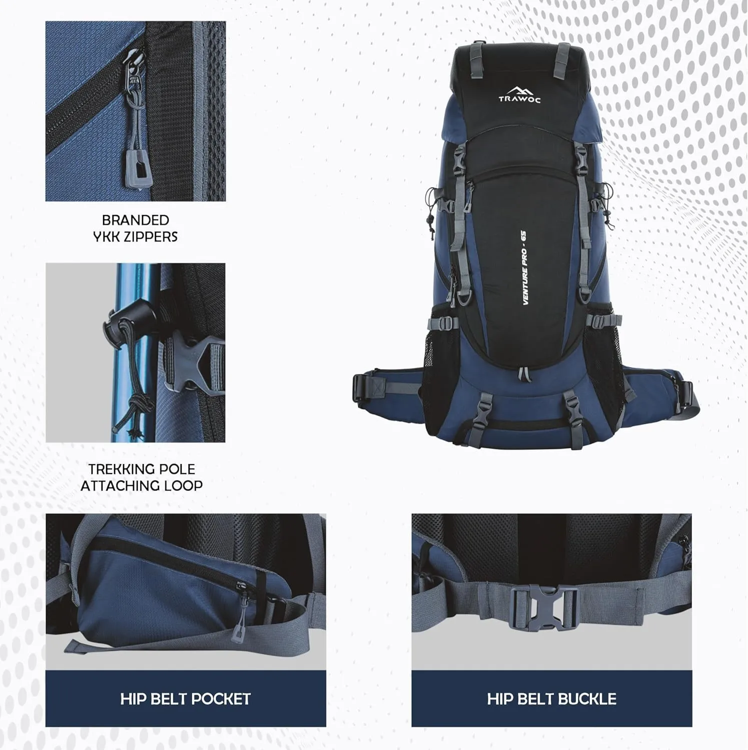 65L Travel Backpack for Outdoor Sport Camp Hiking Trekking Bag Camping Rucksack HK011 (1 Year Warranty)(NAVYBLUE) 