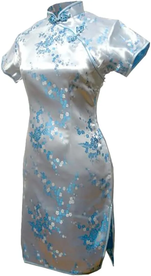 7Fairy Women's Light Blue Floral Mini Chinese Evening Dress Cheongsam