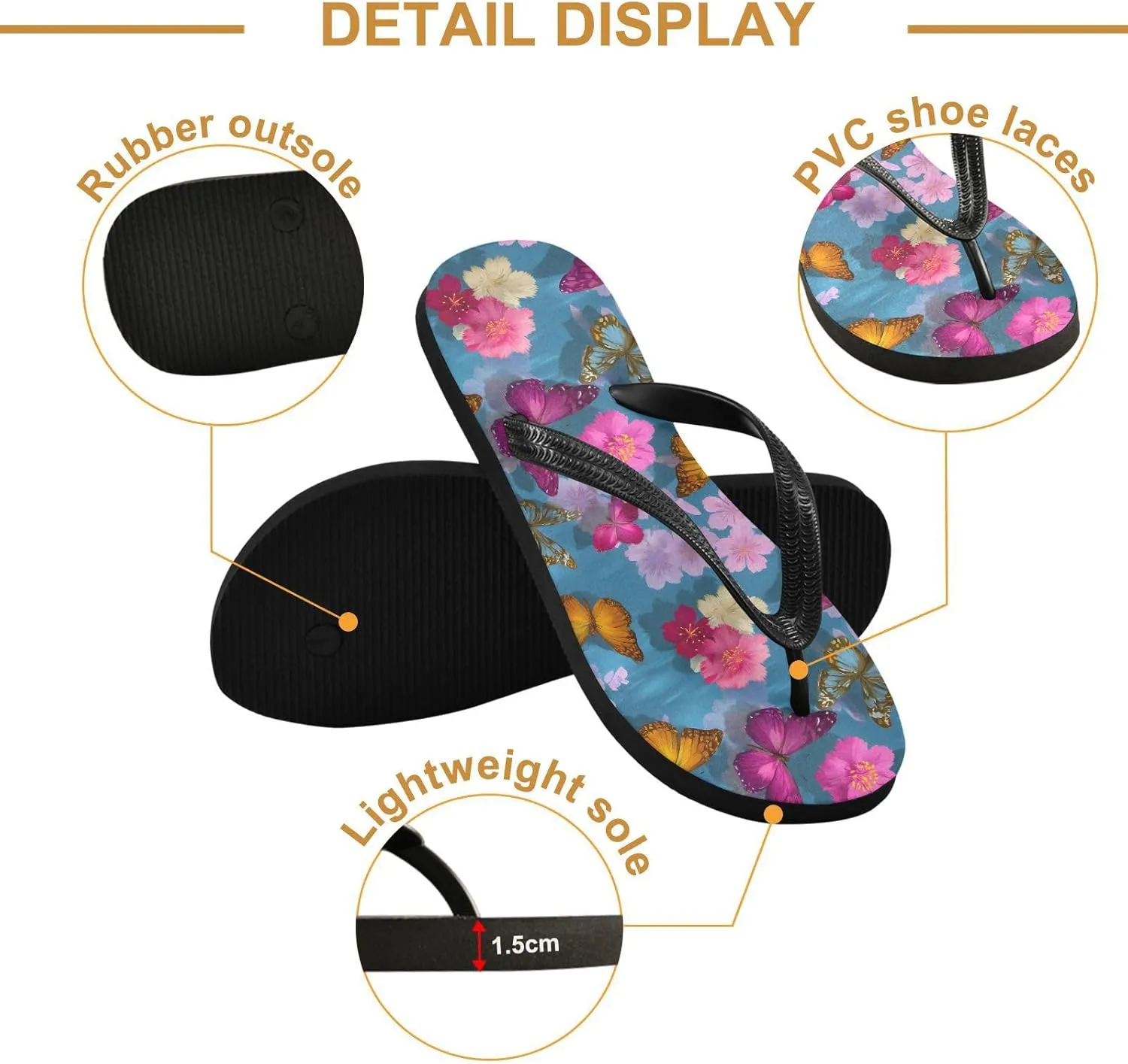 ALAZA Beautiful 3d Butterfly Flip Flops for Women Fashion Beach Slippers Comfort Mens Flip Flops Non-Slip Rubber Shower Slippers Sandal for Hotel Travel Sport,XS