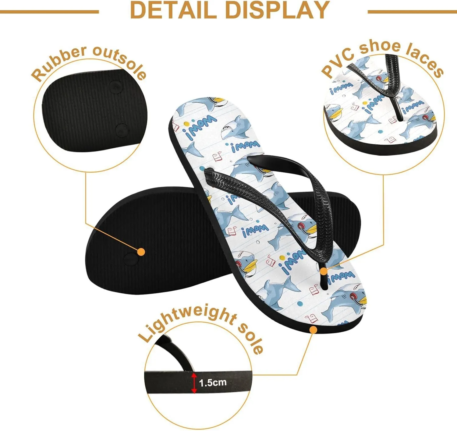 ALAZA Doodle Blue Shark Flip Flops for Women Fashion Beach Slippers Comfort Mens Flip Flops Non-Slip Rubber Shower Slippers Sandal for Hotel Travel Sport,XS