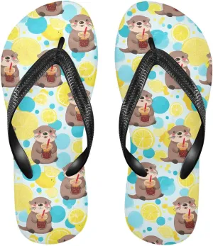 ALAZA Otter Cola Lemon Flip Flops for Women Fashion Beach Slippers Comfort Mens Flip Flops Non-Slip Rubber Shower Slippers Sandal for Hotel Travel Sport,XS