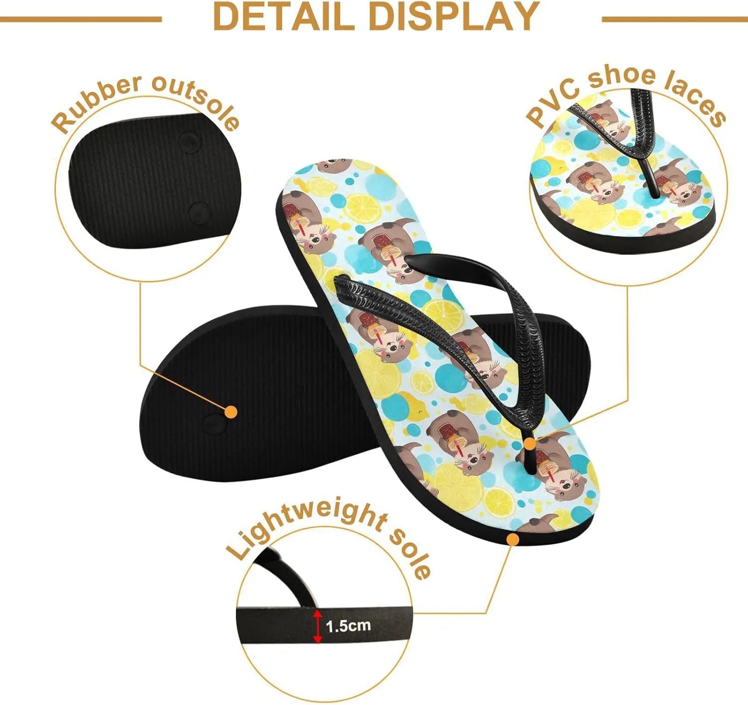 ALAZA Otter Cola Lemon Flip Flops for Women Fashion Beach Slippers Comfort Mens Flip Flops Non-Slip Rubber Shower Slippers Sandal for Hotel Travel Sport,XS
