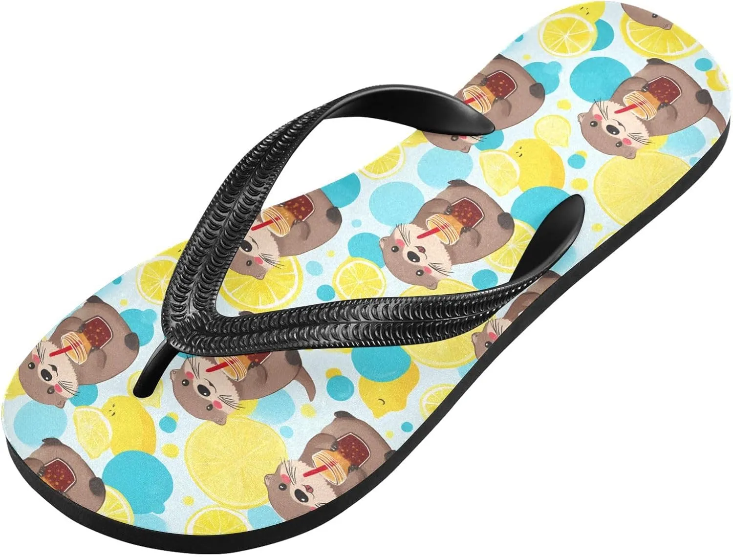 ALAZA Otter Cola Lemon Flip Flops for Women Fashion Beach Slippers Comfort Mens Flip Flops Non-Slip Rubber Shower Slippers Sandal for Hotel Travel Sport,XS
