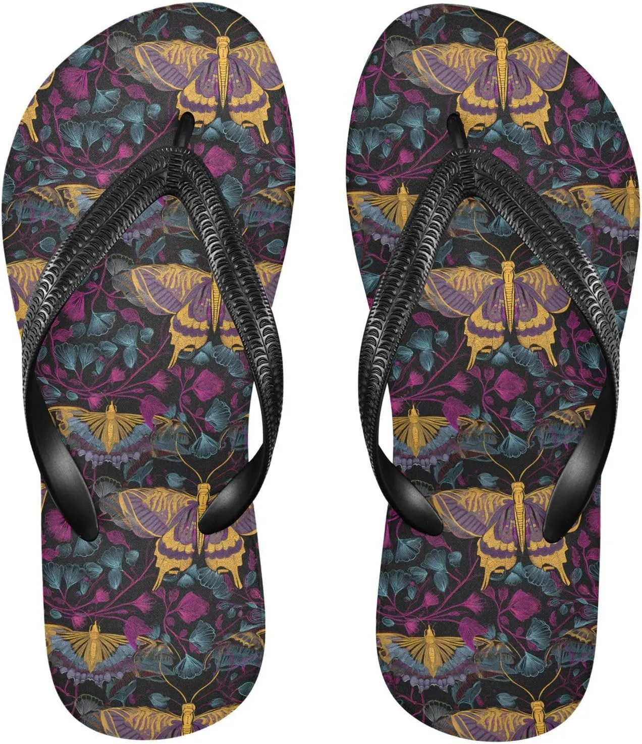 ALAZA Retro Butterfly Moths Flip Flops for Women Fashion Beach Slippers Comfort Mens Flip Flops Non-Slip Rubber Shower Slippers Sandal for Hotel Travel Sport,XS