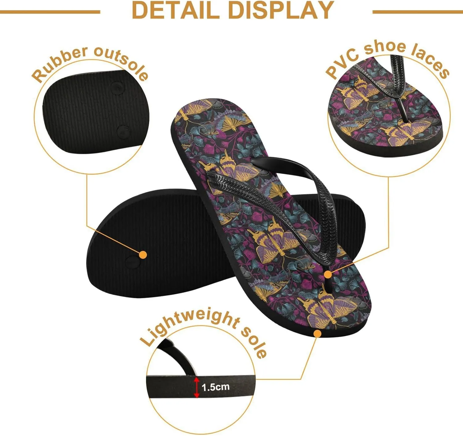 ALAZA Retro Butterfly Moths Flip Flops for Women Fashion Beach Slippers Comfort Mens Flip Flops Non-Slip Rubber Shower Slippers Sandal for Hotel Travel Sport,XS