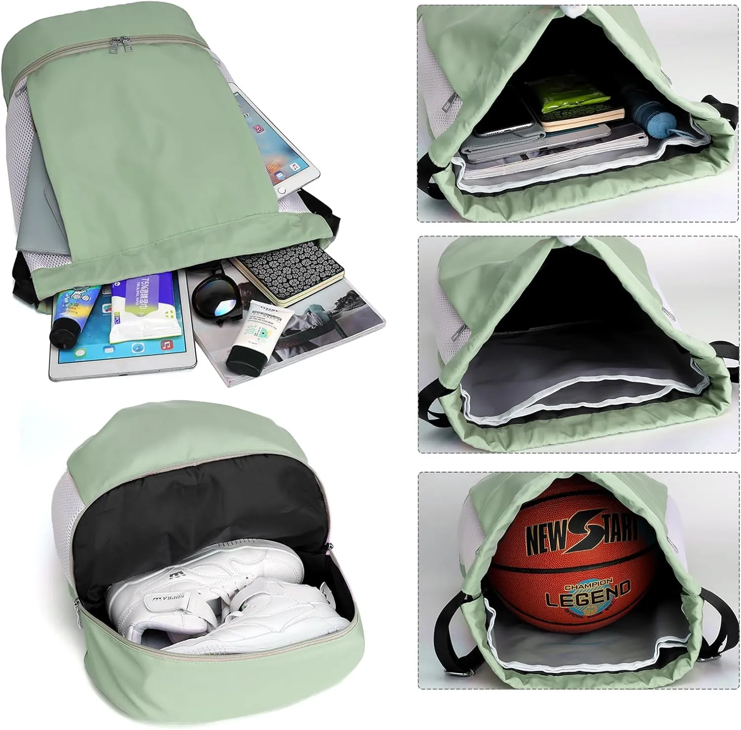 ALUSBELL Large Drawstring Backpack Sports Gym Sackpack Basketball Bag String Bag Cinch Beach Swim Bag for Women Men,Green