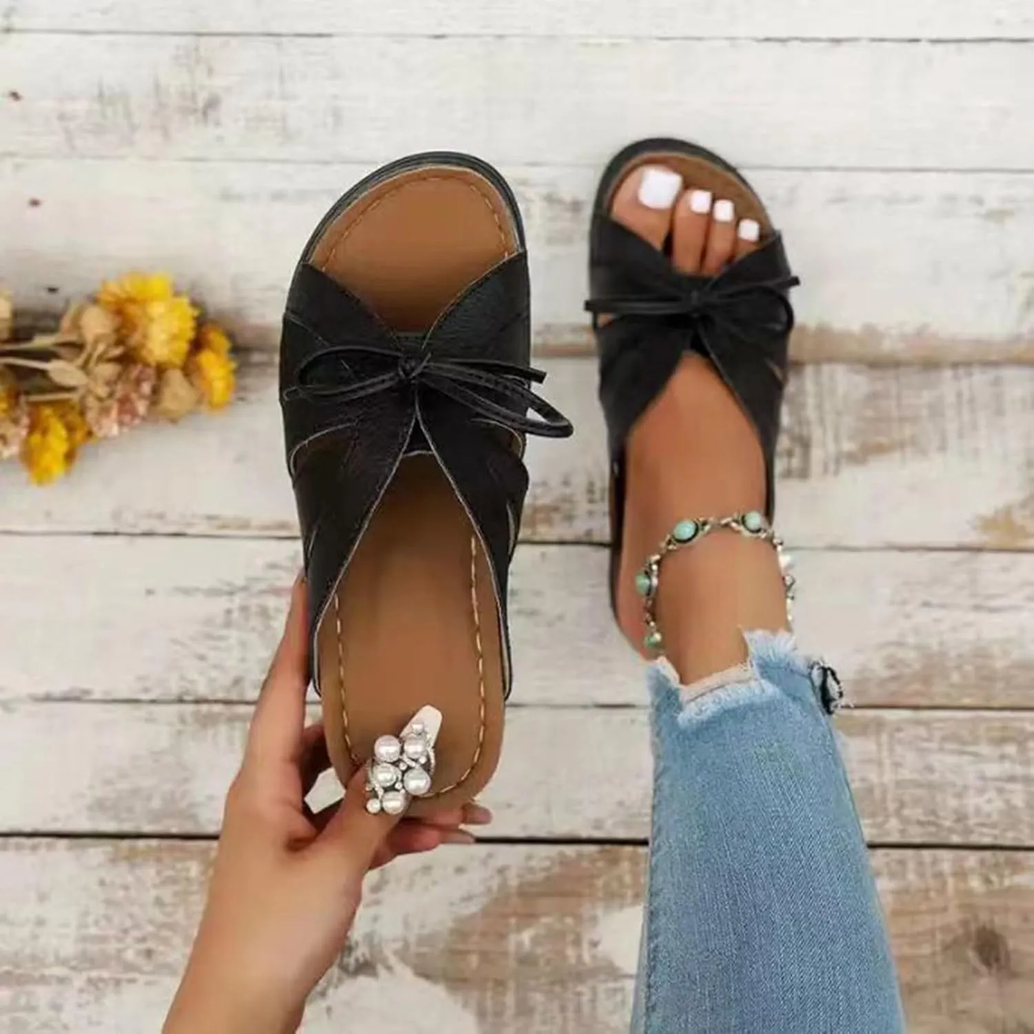 AMDBEL Summer Sandals for Women 2024 Trendy Women's Beach Sandals Hollow Casual Slippers Flat Shoes Retro Sandals Wedge Shoes