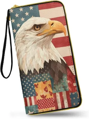 American Eagle Print Slim Card Wallet Patriotic USA Flag Zipper Long Coin Purse for Women, 4TH Of July Long Wristlet Wallets Clutch for Travel,Phone, Cash