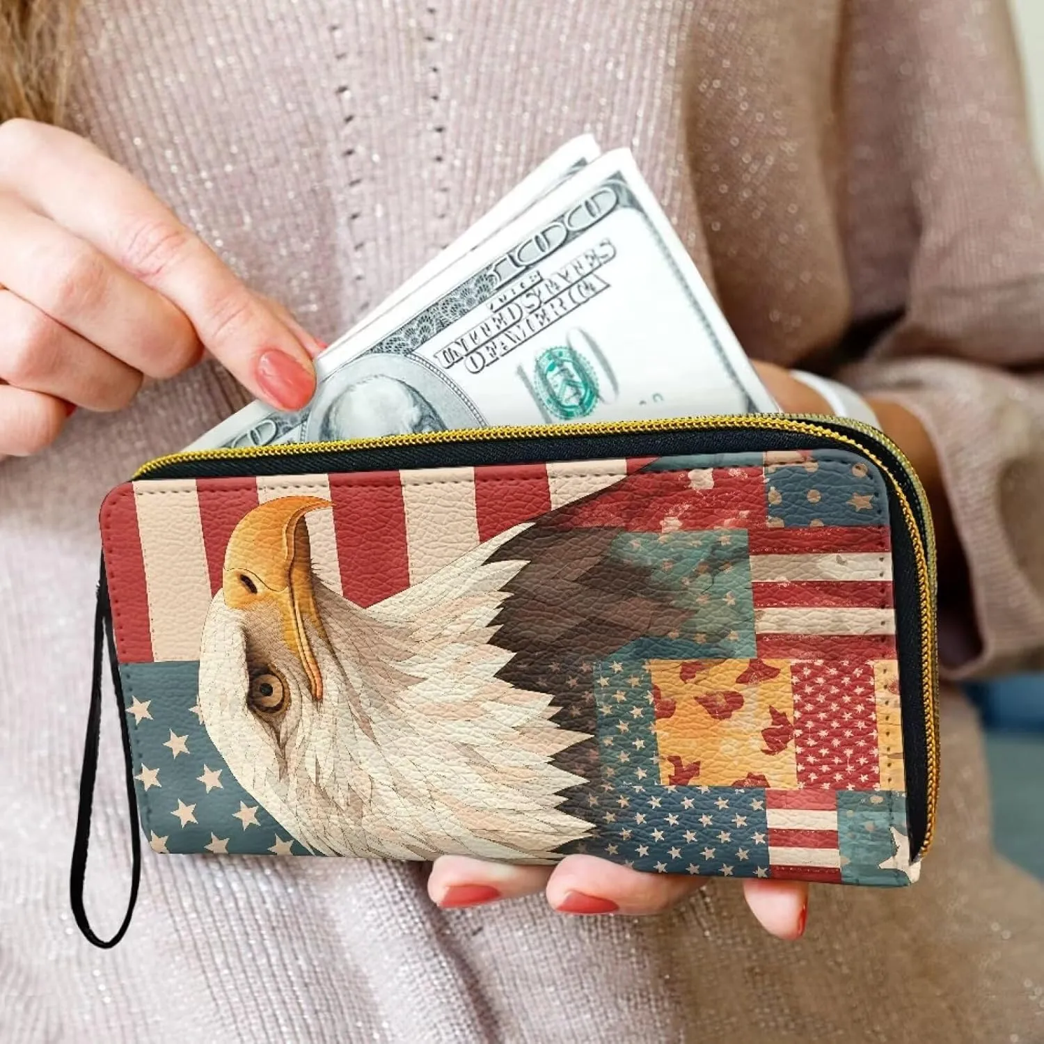 American Eagle Print Slim Card Wallet Patriotic USA Flag Zipper Long Coin Purse for Women, 4TH Of July Long Wristlet Wallets Clutch for Travel,Phone, Cash