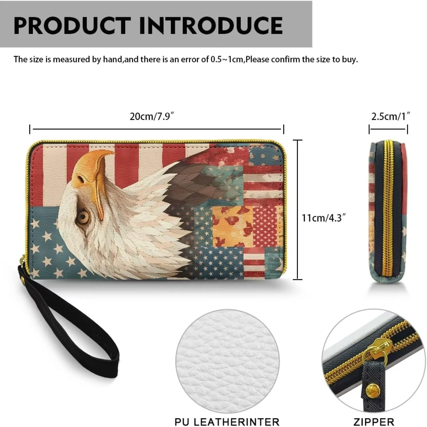 American Eagle Print Slim Card Wallet Patriotic USA Flag Zipper Long Coin Purse for Women, 4TH Of July Long Wristlet Wallets Clutch for Travel,Phone, Cash