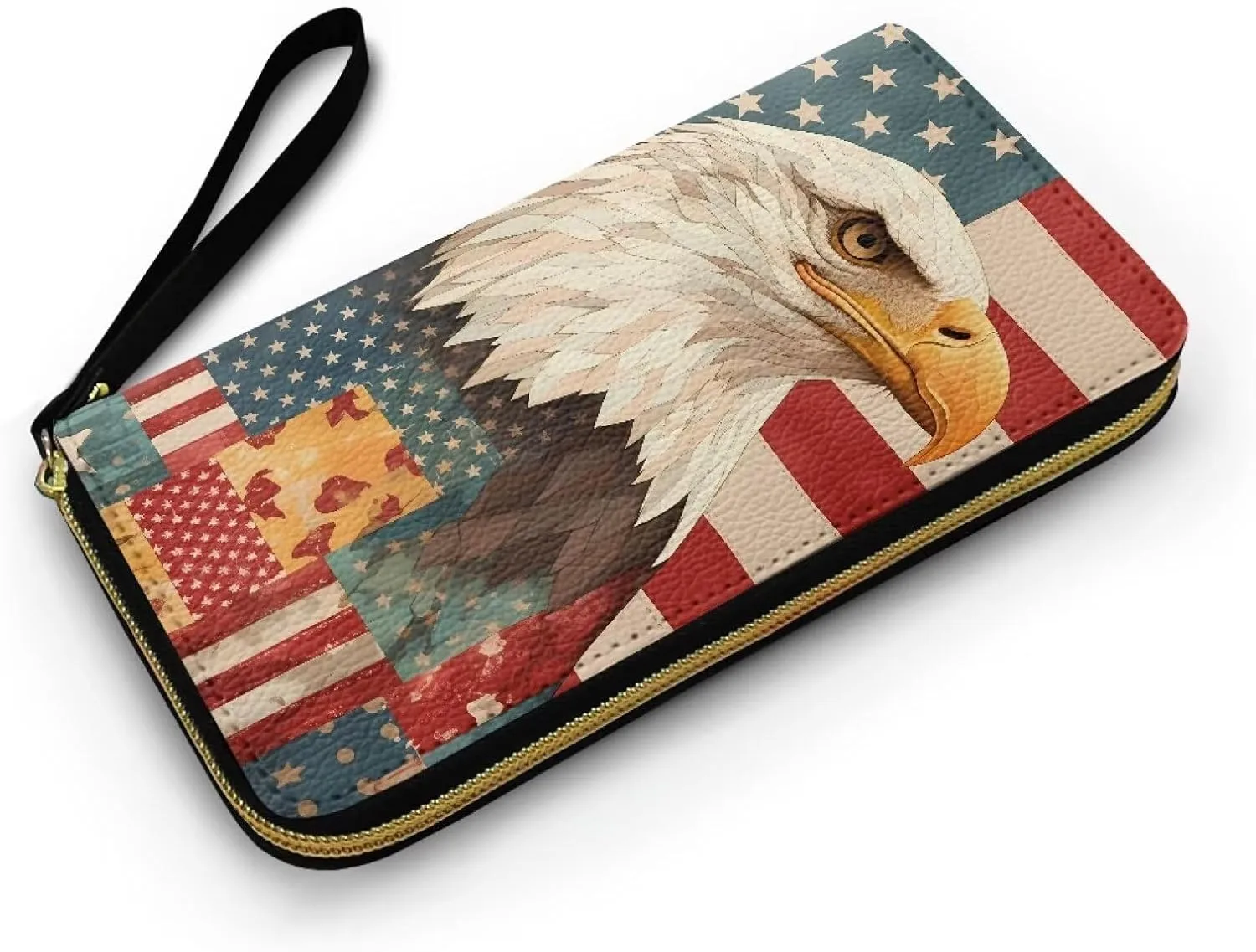American Eagle Print Slim Card Wallet Patriotic USA Flag Zipper Long Coin Purse for Women, 4TH Of July Long Wristlet Wallets Clutch for Travel,Phone, Cash