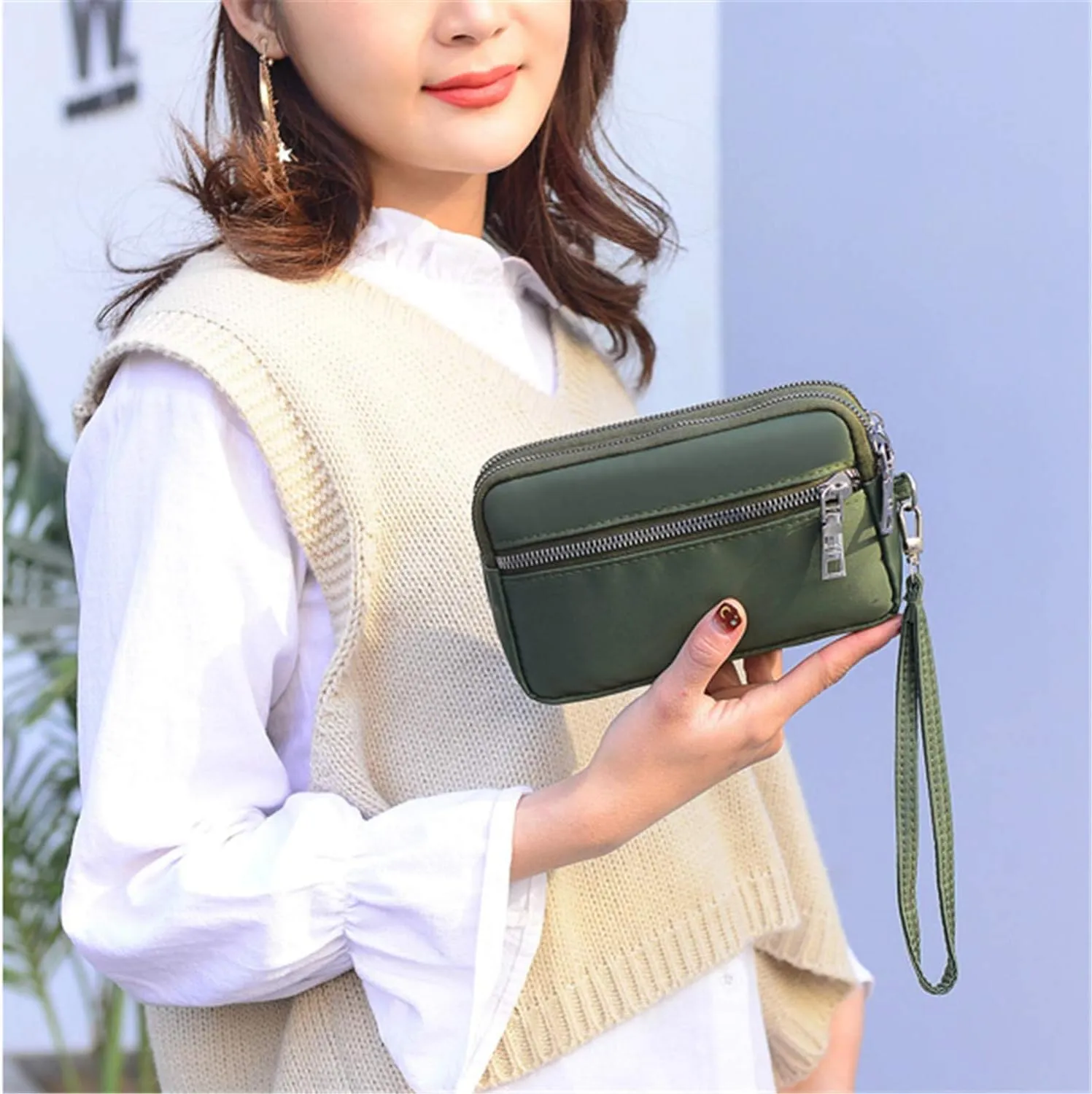 Andongnywel Waterproof Wristlet Clutch Triple Zip Long Wallet Small Nylon Purse for Women 3-Layer Zip Pockets Wallets