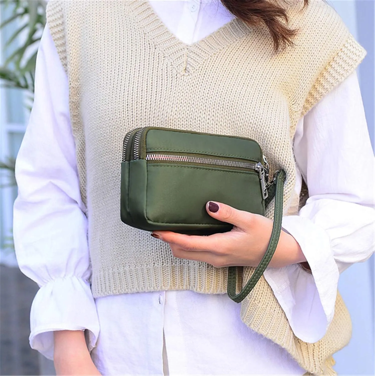 Andongnywel Waterproof Wristlet Clutch Triple Zip Long Wallet Small Nylon Purse for Women 3-Layer Zip Pockets Wallets