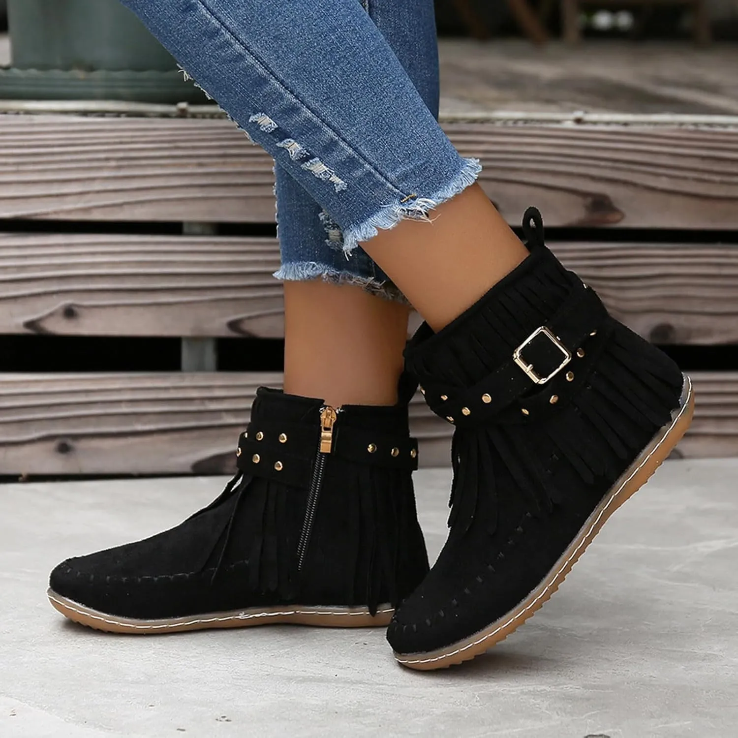 Ankle Boots for Women Comfortable Boots for Women Suede Fringe Tassel Round Toe Fashion Autumn and Winter Side Zipper