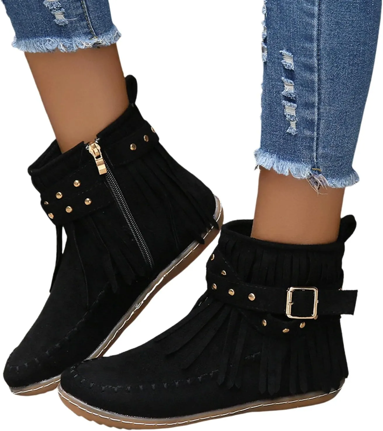 Ankle Boots for Women Comfortable Boots for Women Suede Fringe Tassel Round Toe Fashion Autumn and Winter Side Zipper