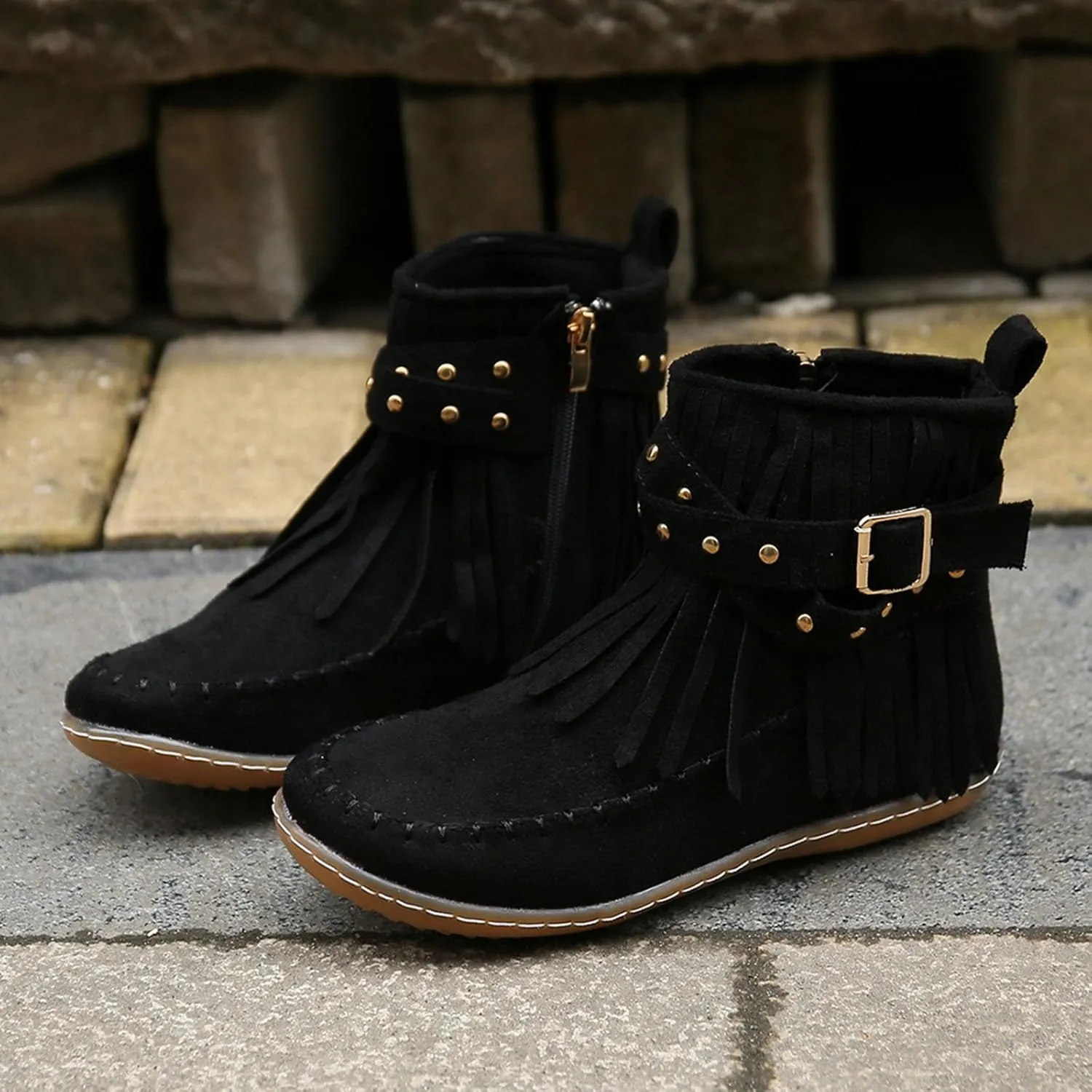 Ankle Boots for Women Comfortable Boots for Women Suede Fringe Tassel Round Toe Fashion Autumn and Winter Side Zipper