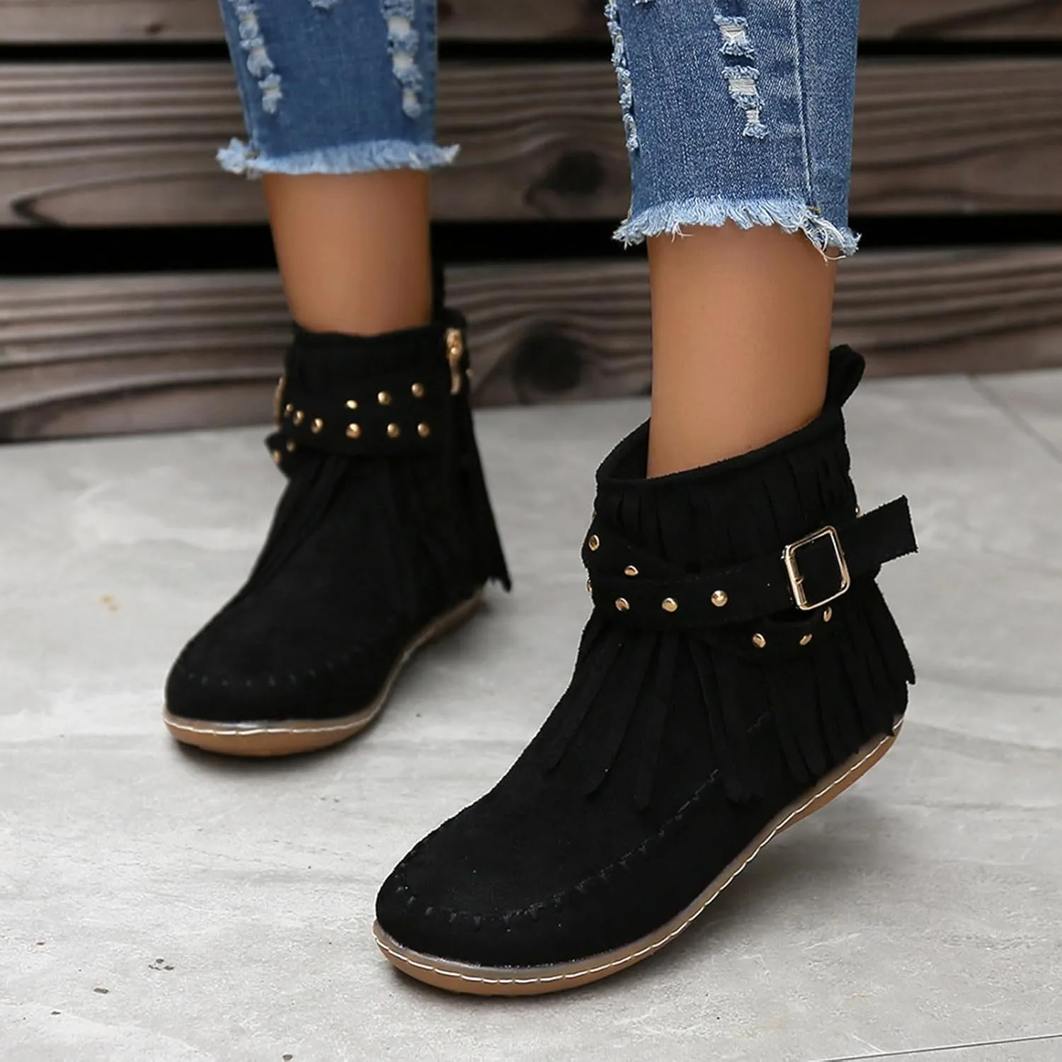 Ankle Boots for Women Comfortable Boots for Women Suede Fringe Tassel Round Toe Fashion Autumn and Winter Side Zipper