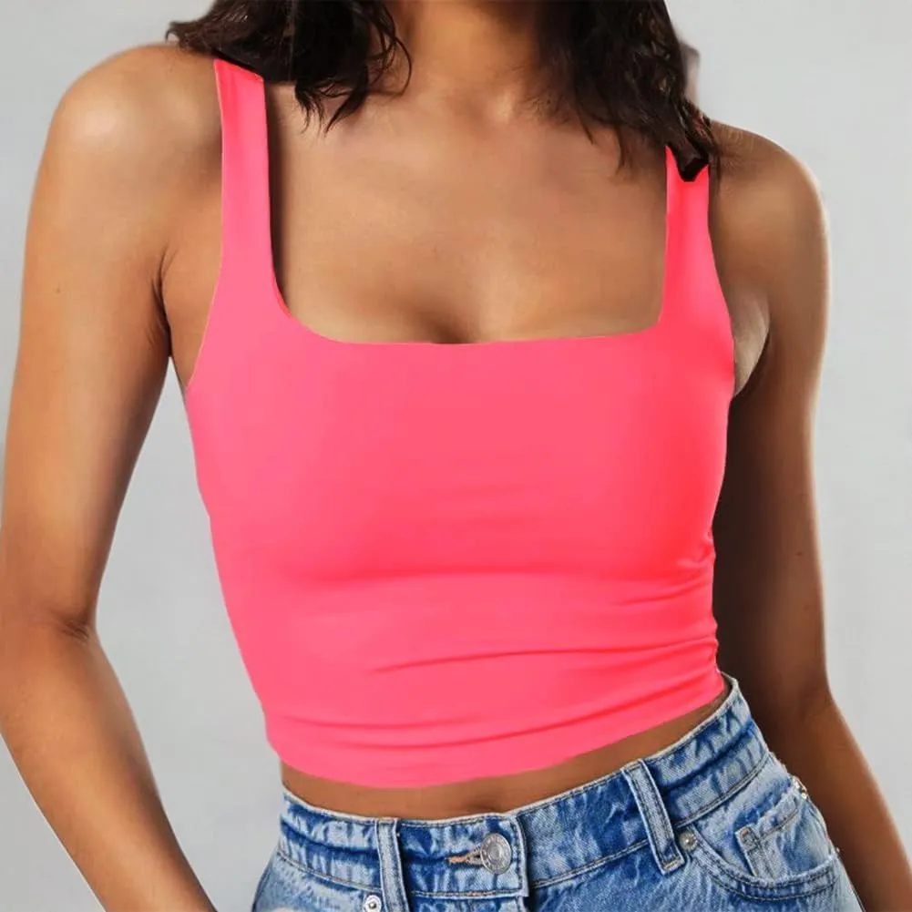 Artfish Women's Sleeveless Strappy Tank Square Neck Double Layer Workout Fitness Casual Basic Crop Tops