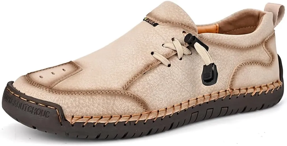 Asifn Men's Loafers Leather Handmade Stitching Casual Breathable Walking Slip-on Comfortable Outdoor Office Shoes