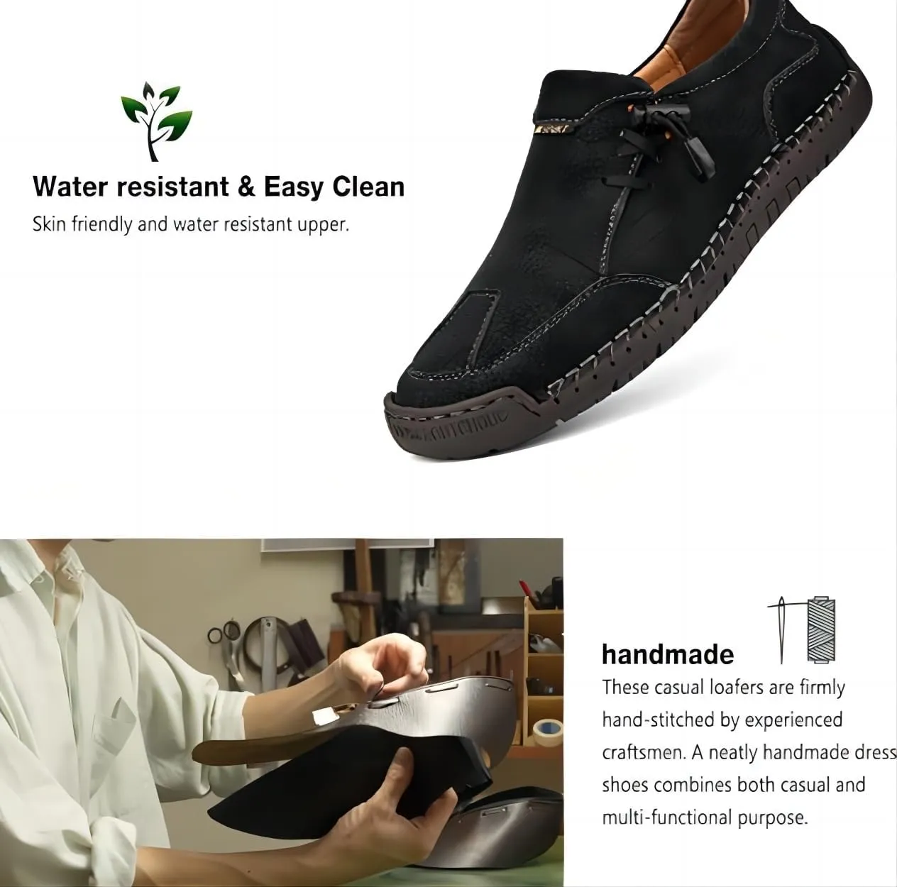 Asifn Men's Loafers Leather Handmade Stitching Casual Breathable Walking Slip-on Comfortable Outdoor Office Shoes
