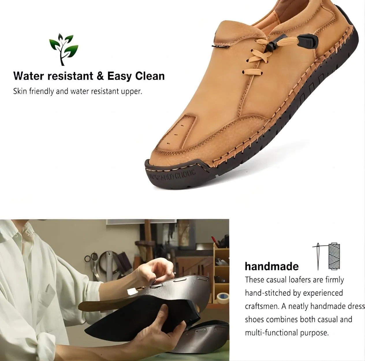 Asifn Men's Loafers Leather Handmade Stitching Casual Breathable Walking Slip-on Comfortable Outdoor Office Shoes