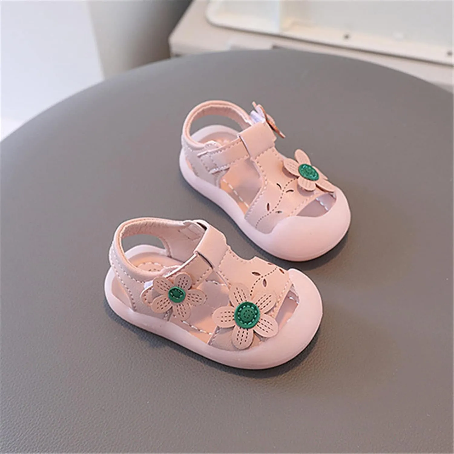 Baby Girls Closed Toe Sandals with Flower Infant Summer Lightweight Rubber Soft Sole Non-Slip Platform Casual Shoes