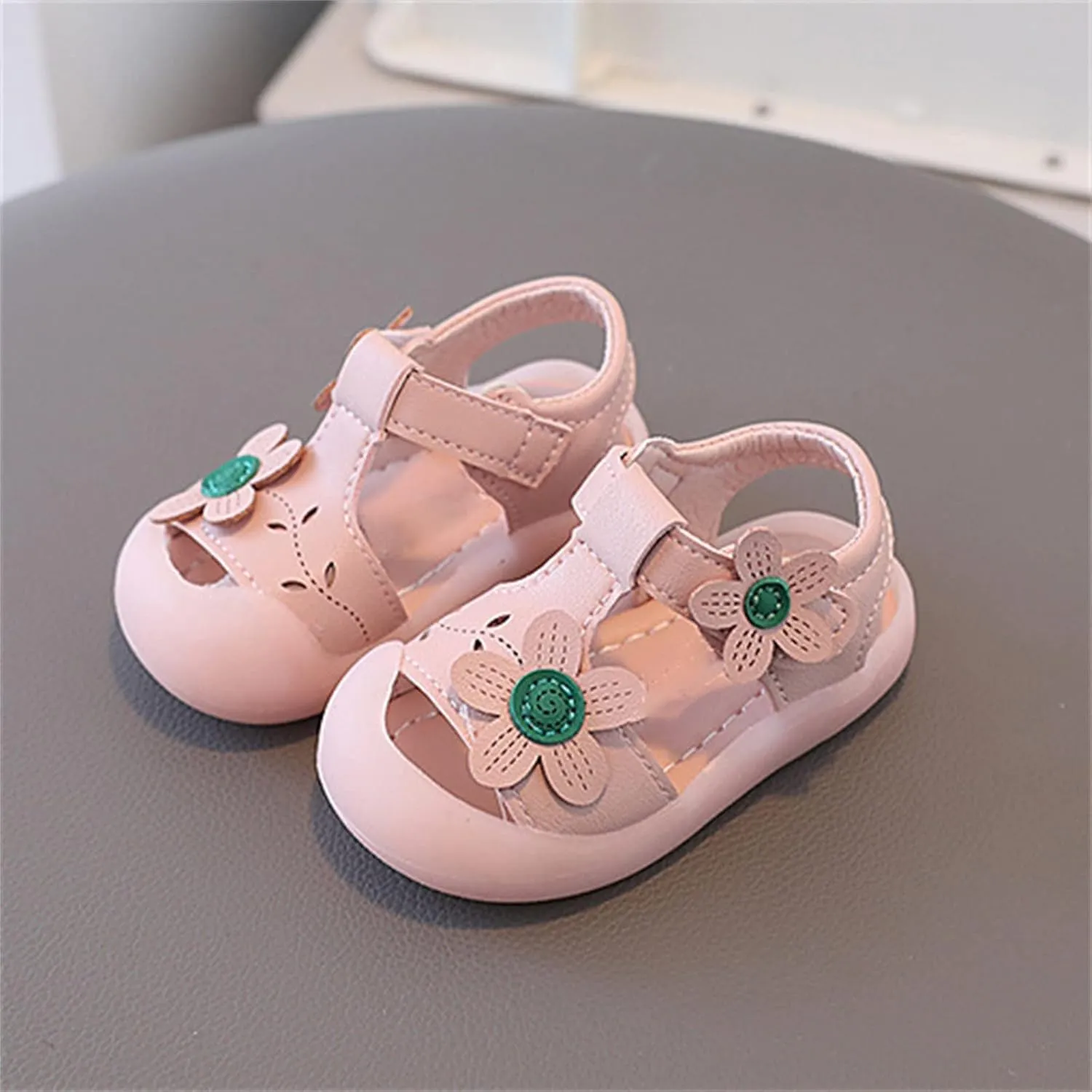 Baby Girls Closed Toe Sandals with Flower Infant Summer Lightweight Rubber Soft Sole Non-Slip Platform Casual Shoes