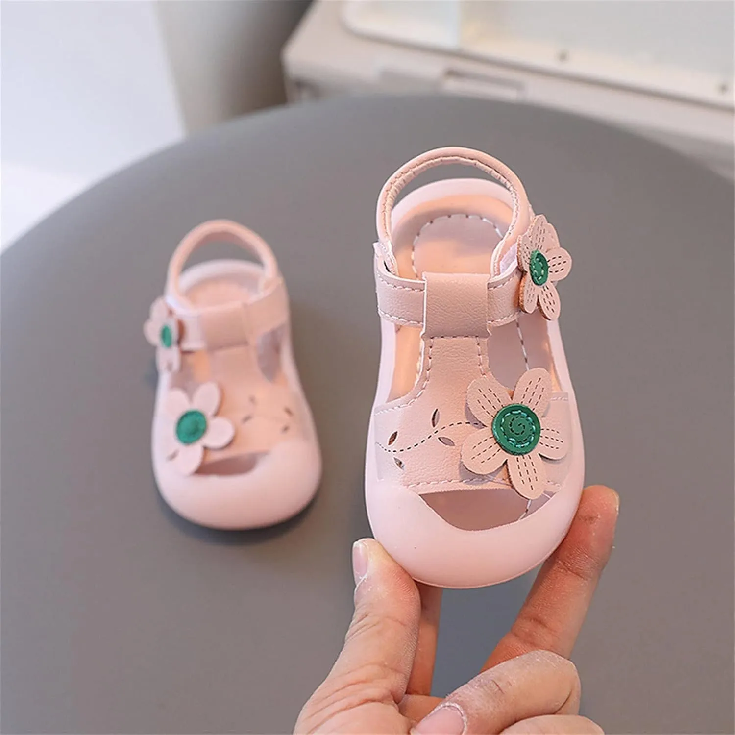 Baby Girls Closed Toe Sandals with Flower Infant Summer Lightweight Rubber Soft Sole Non-Slip Platform Casual Shoes