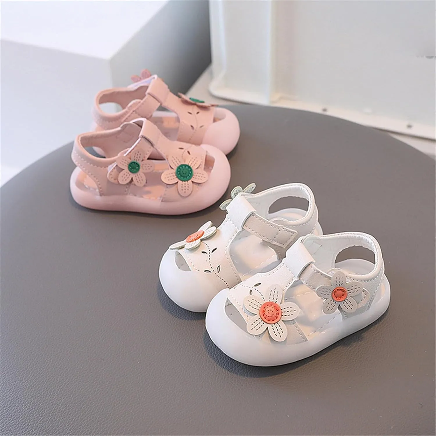 Baby Girls Closed Toe Sandals with Flower Infant Summer Lightweight Rubber Soft Sole Non-Slip Platform Casual Shoes