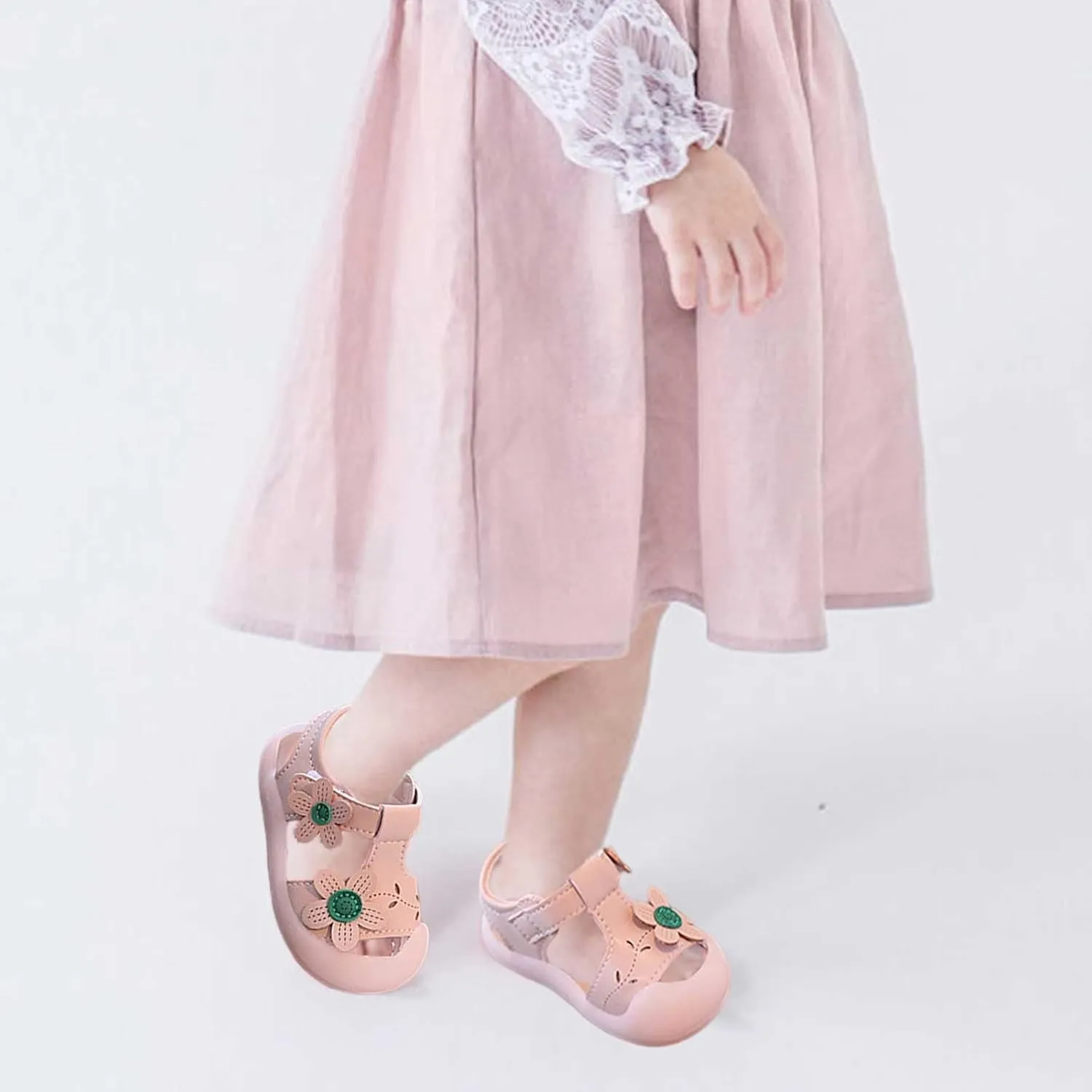 Baby Girls Closed Toe Sandals with Flower Infant Summer Lightweight Rubber Soft Sole Non-Slip Platform Casual Shoes