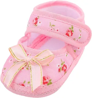 Baby Walk Shoes Cute Printin Shoes Non-Slip Canvas Sneakers with Bow My First Pair of Walking Shoes
