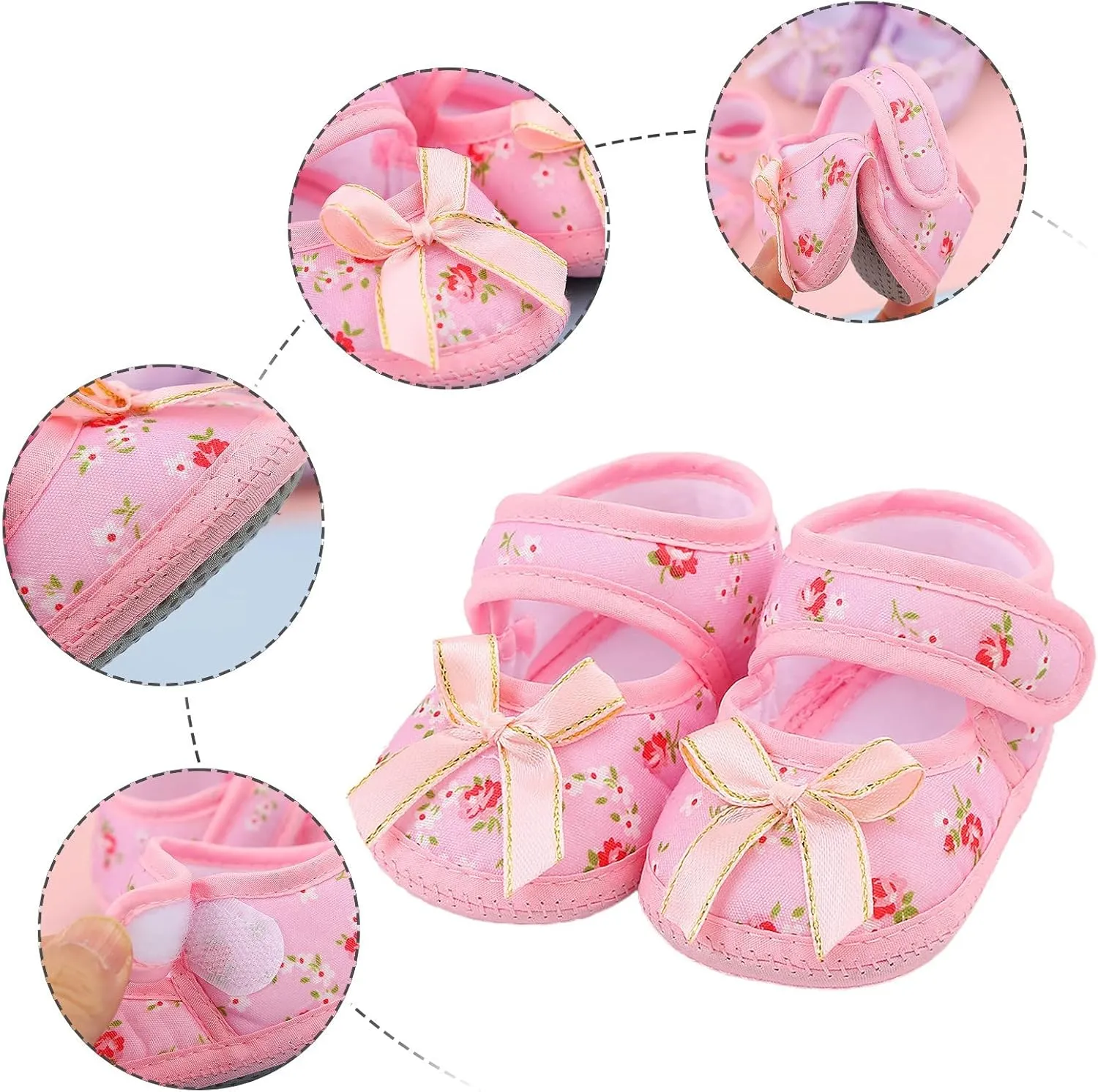 Baby Walk Shoes Cute Printin Shoes Non-Slip Canvas Sneakers with Bow My First Pair of Walking Shoes