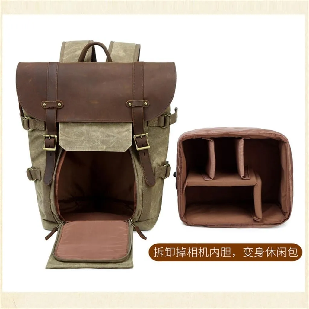 Backpack,Canvas with Crazy Horse Cowhide Multi-Function SLR Camera Bag Shoulder Camera Bag Outdoor Leisure Backpack(Khaki)