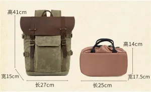 Backpack,Canvas with Crazy Horse Cowhide Multi-Function SLR Camera Bag Shoulder Camera Bag Outdoor Leisure Backpack(Khaki)