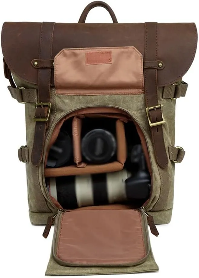 Backpack,Canvas with Crazy Horse Cowhide Multi-Function SLR Camera Bag Shoulder Camera Bag Outdoor Leisure Backpack(Khaki)
