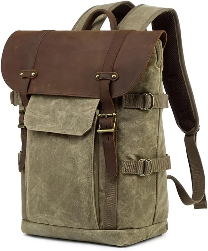 Backpack,Canvas with Crazy Horse Cowhide Multi-Function SLR Camera Bag Shoulder Camera Bag Outdoor Leisure Backpack(Khaki)