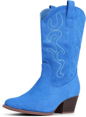 Bandkos Cowboy Boots for Women Cowgirl Mid Calf Western Embroidered Boot Low Chunky Block Heel Fashion Boots
