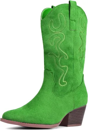 Bandkos Cowboy Boots for Women Cowgirl Mid Calf Western Embroidered Boot Low Chunky Block Heel Fashion Boots