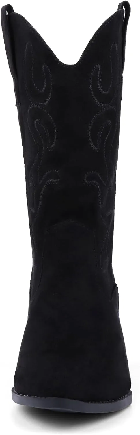 Bandkos Cowboy Boots for Women Cowgirl Mid Calf Western Embroidered Boot Low Chunky Block Heel Fashion Boots
