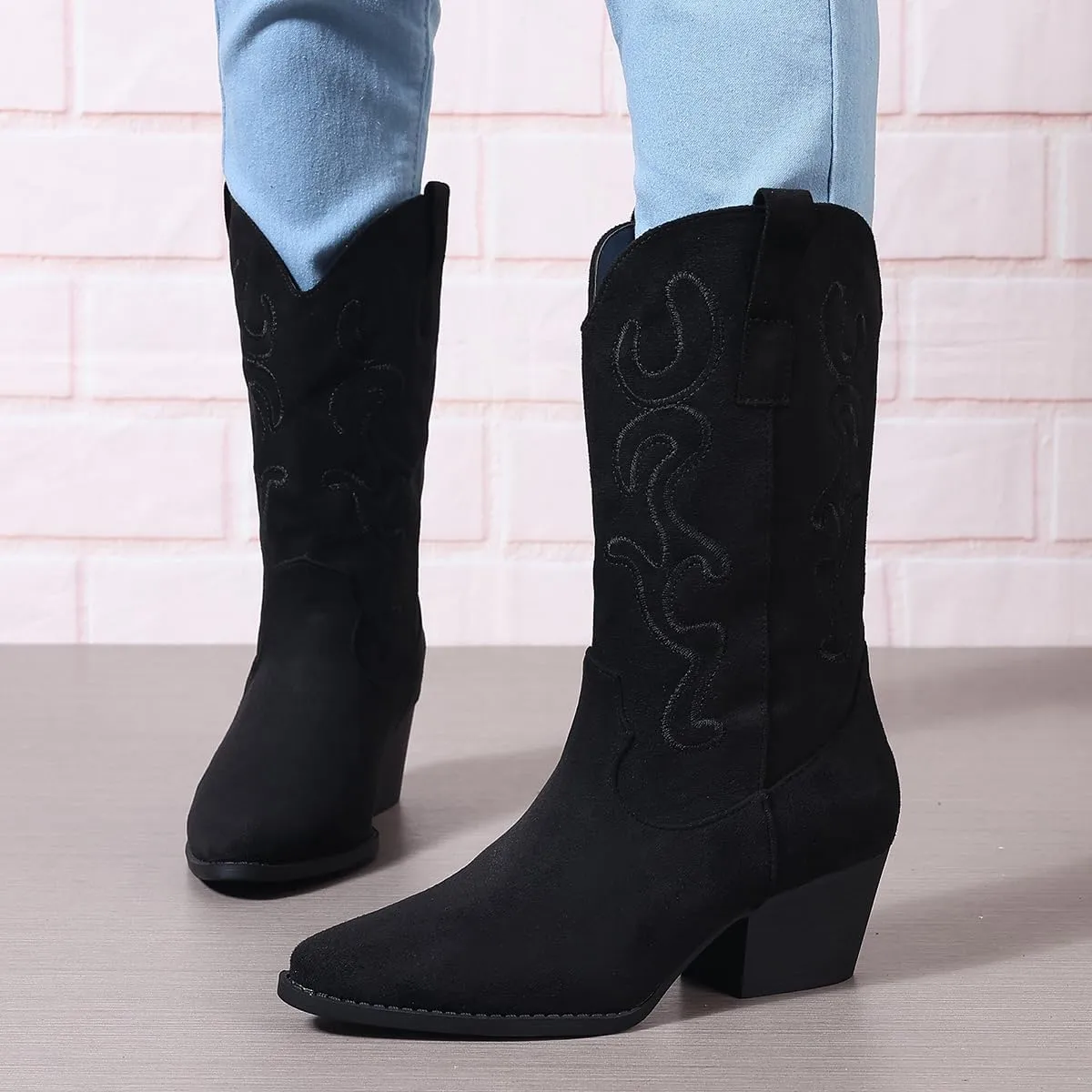 Bandkos Cowboy Boots for Women Cowgirl Mid Calf Western Embroidered Boot Low Chunky Block Heel Fashion Boots