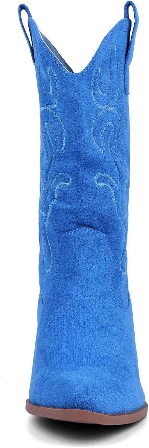 Bandkos Cowboy Boots for Women Cowgirl Mid Calf Western Embroidered Boot Low Chunky Block Heel Fashion Boots