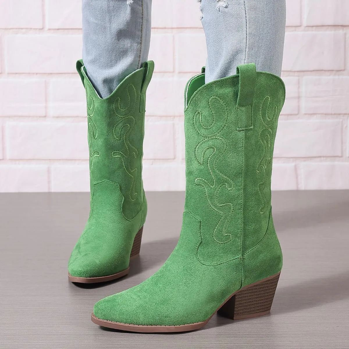 Bandkos Cowboy Boots for Women Cowgirl Mid Calf Western Embroidered Boot Low Chunky Block Heel Fashion Boots