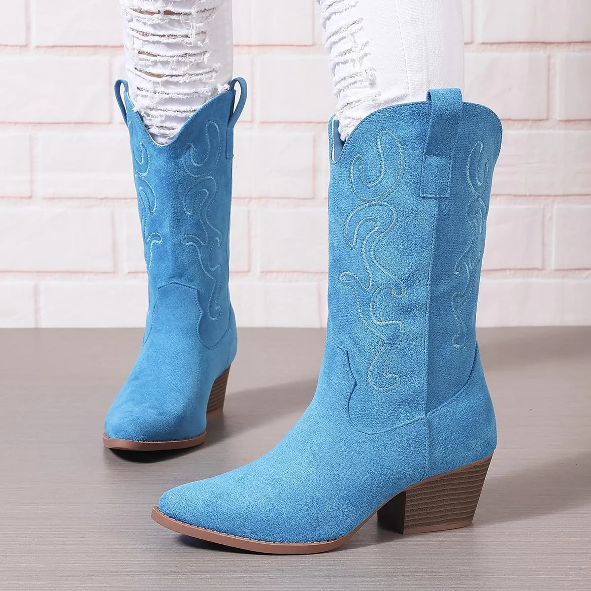 Bandkos Cowboy Boots for Women Cowgirl Mid Calf Western Embroidered Boot Low Chunky Block Heel Fashion Boots