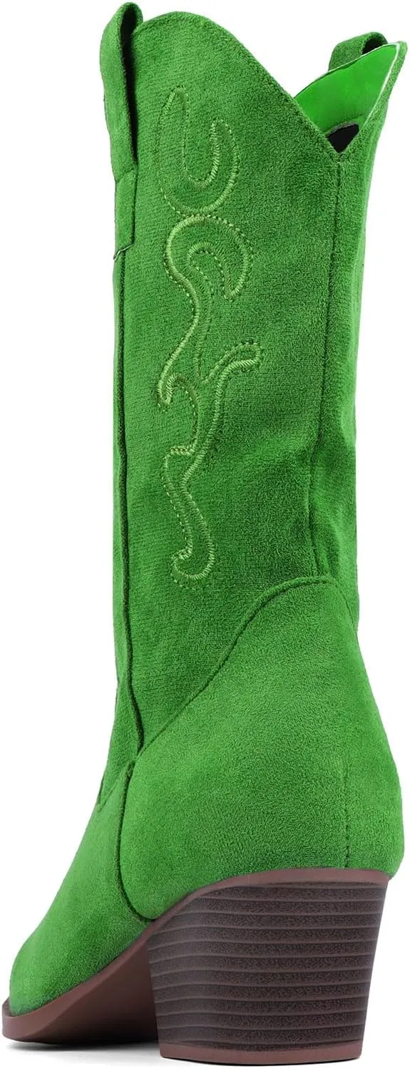 Bandkos Cowboy Boots for Women Cowgirl Mid Calf Western Embroidered Boot Low Chunky Block Heel Fashion Boots