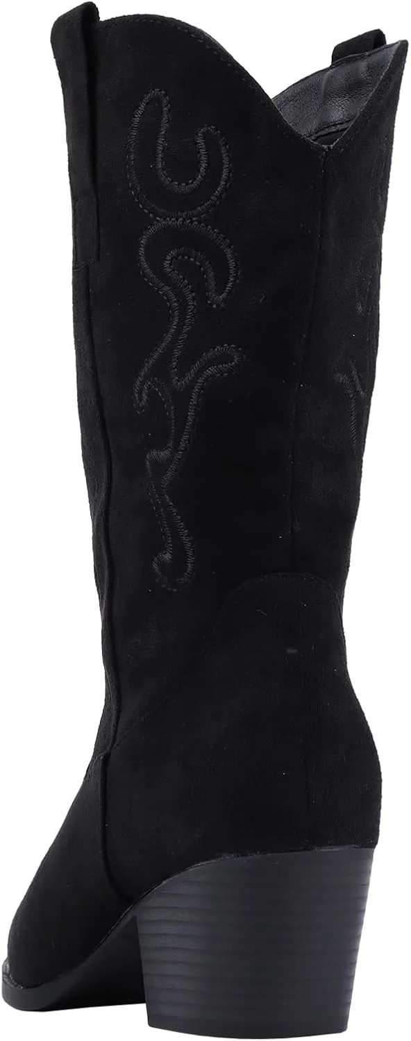 Bandkos Cowboy Boots for Women Cowgirl Mid Calf Western Embroidered Boot Low Chunky Block Heel Fashion Boots