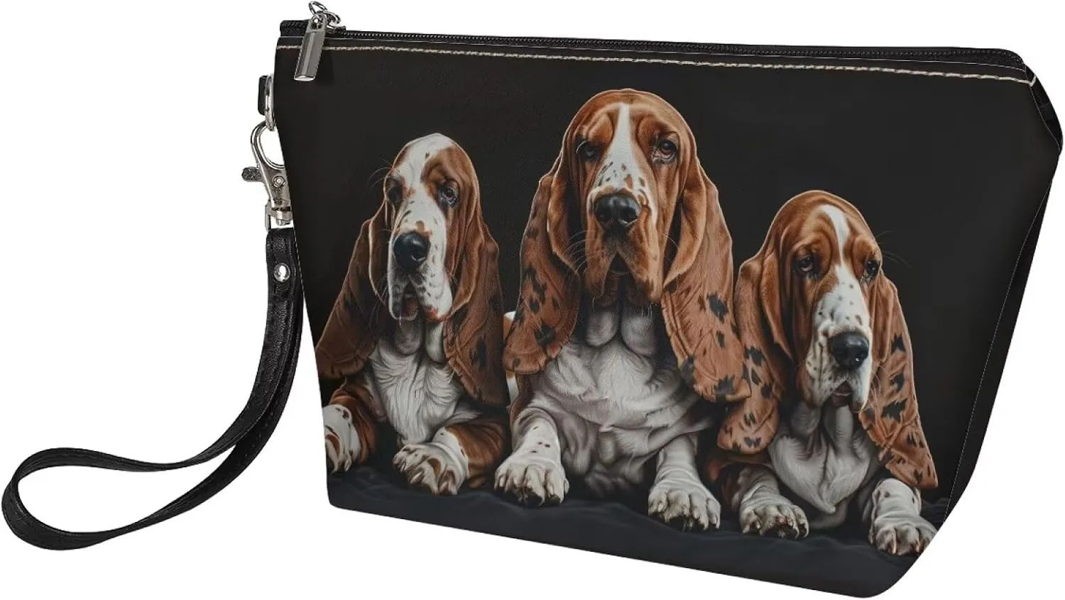 Basset Hound Print Leather Cosmetic Bag for Women and Girls, Small Portable Makeup Bag with Zipper and Handle, Toiletry Pouch Travel Accessories Makeup Pouch