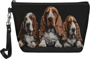 Basset Hound Print Leather Cosmetic Bag for Women and Girls, Small Portable Makeup Bag with Zipper and Handle, Toiletry Pouch Travel Accessories Makeup Pouch