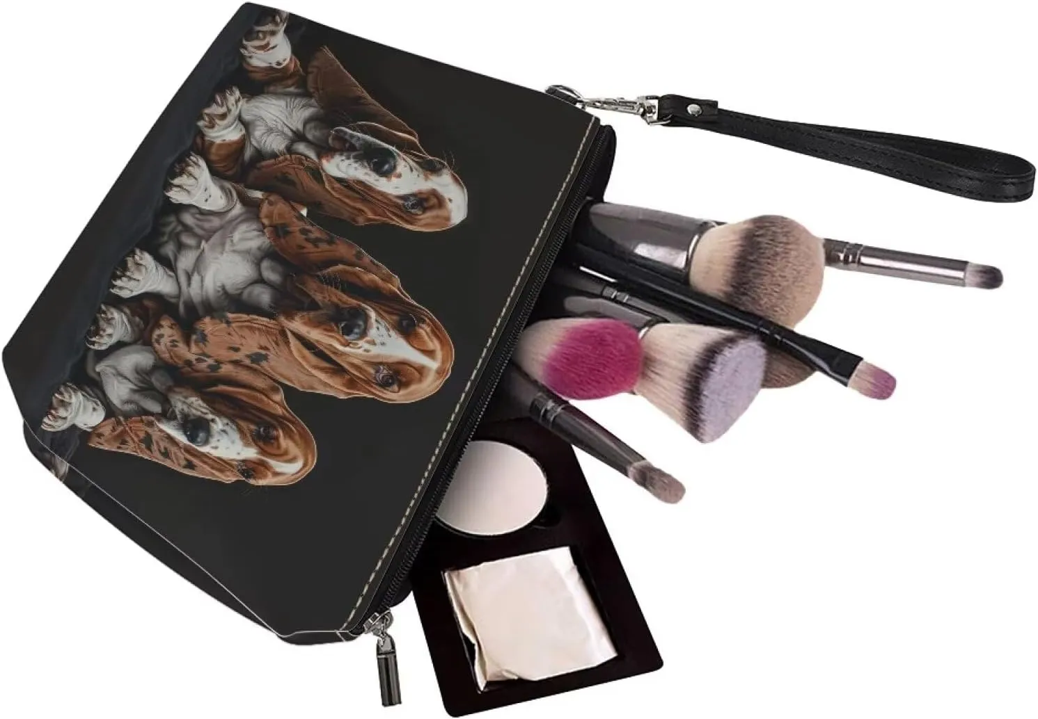Basset Hound Print Leather Cosmetic Bag for Women and Girls, Small Portable Makeup Bag with Zipper and Handle, Toiletry Pouch Travel Accessories Makeup Pouch