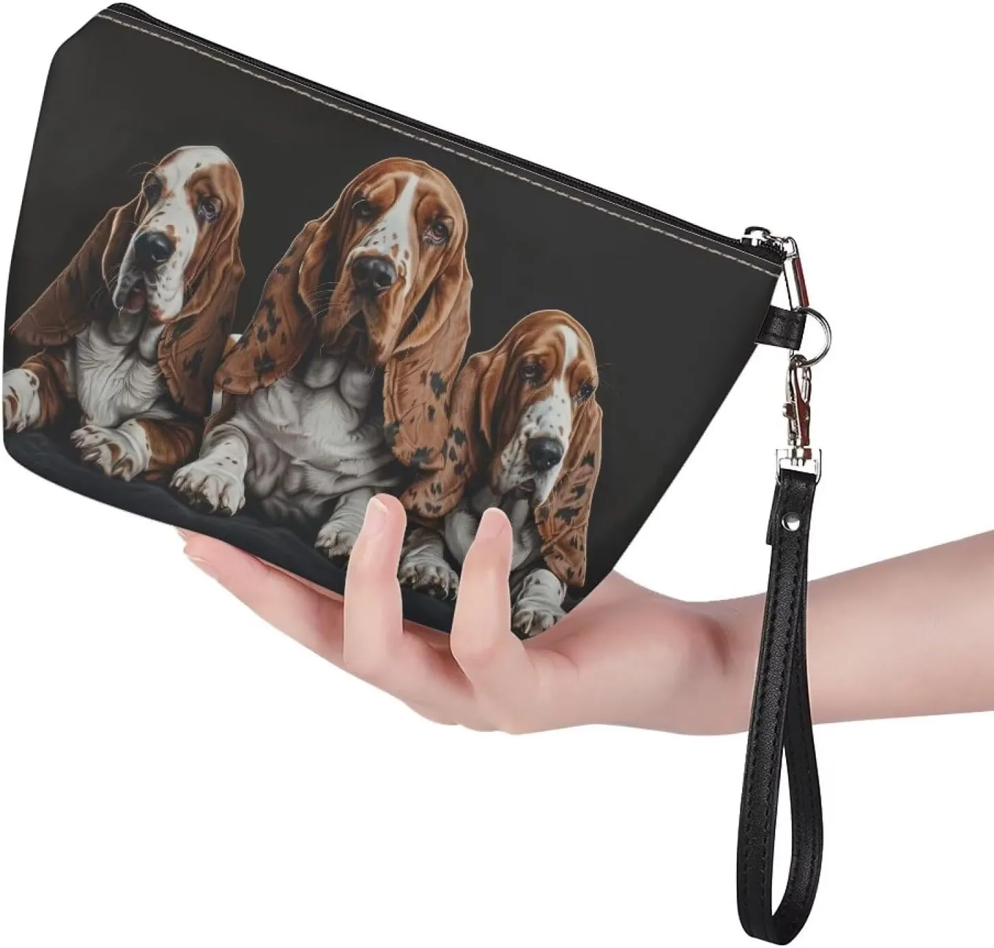 Basset Hound Print Leather Cosmetic Bag for Women and Girls, Small Portable Makeup Bag with Zipper and Handle, Toiletry Pouch Travel Accessories Makeup Pouch